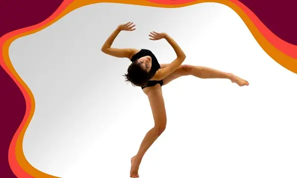 A dancer in a black leotard performs a leap against a white background with decorative borders.