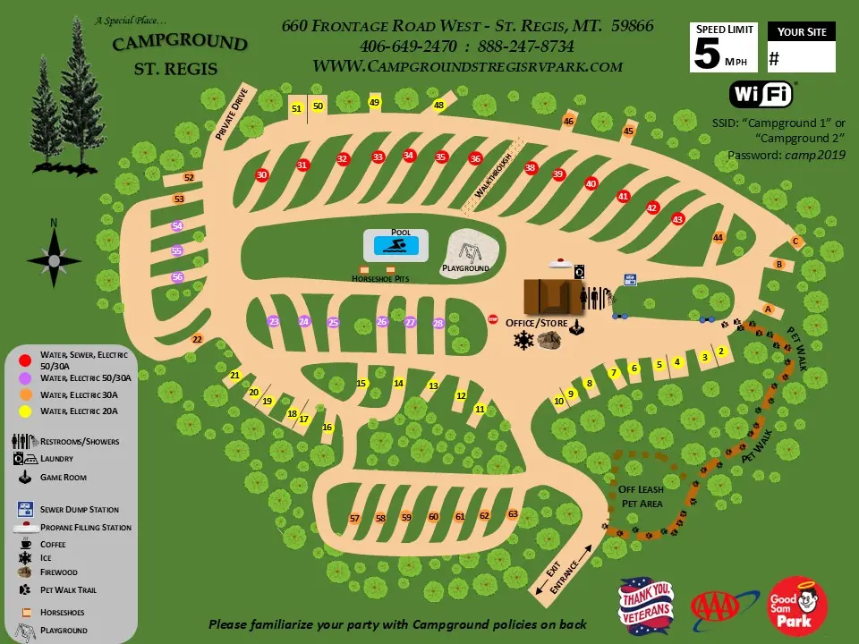 Campground St. Regis site map showing numbered RV sites, hookup types, pool, playground, office, restrooms, and pet walk areas.