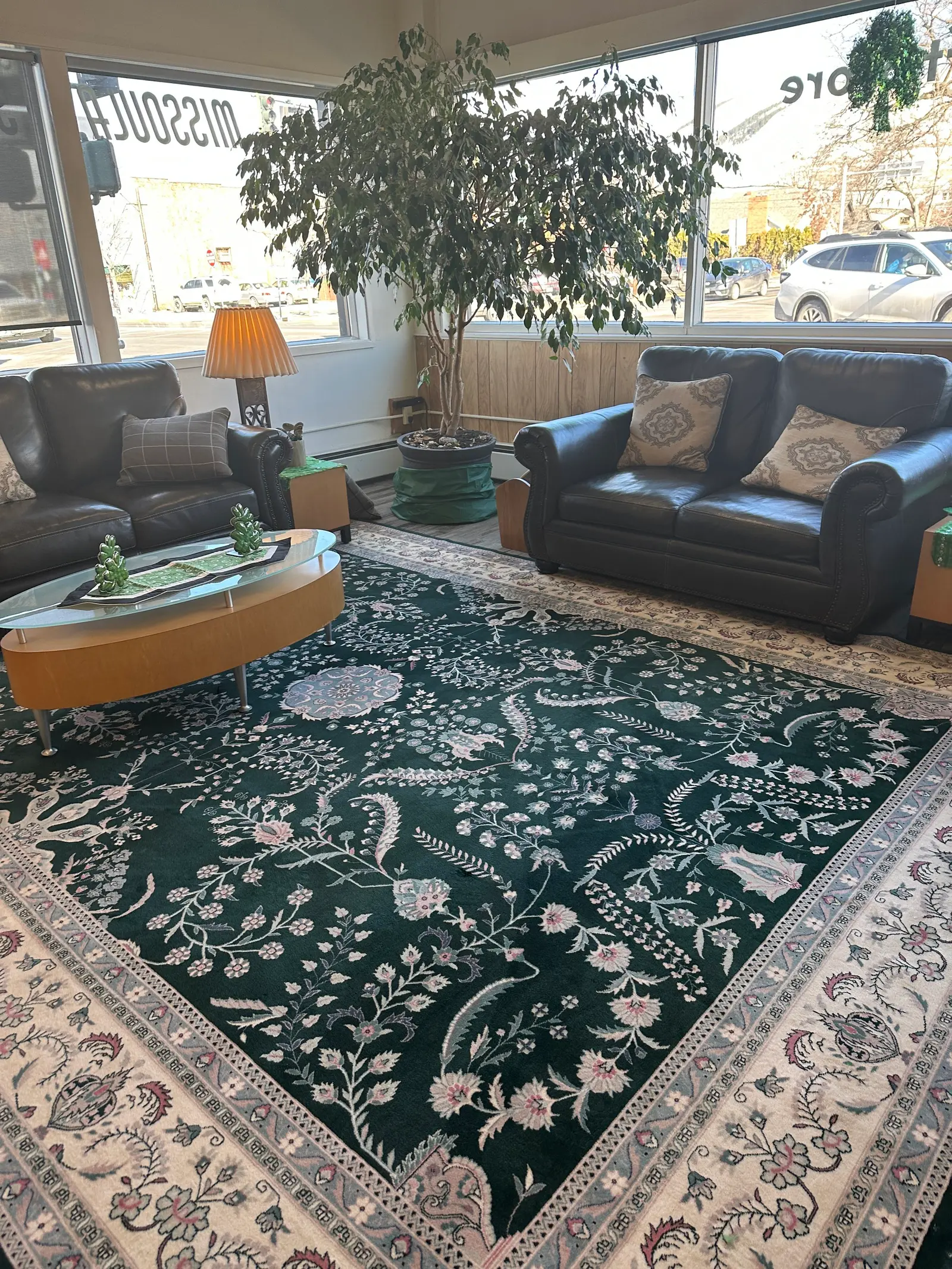 A cozy waiting room with two black leather sofas, an oval wooden coffee table with decorative items, an orange table lamp, a large potted ficus tree, patterned area rugs, and large windows showing parked cars outside.