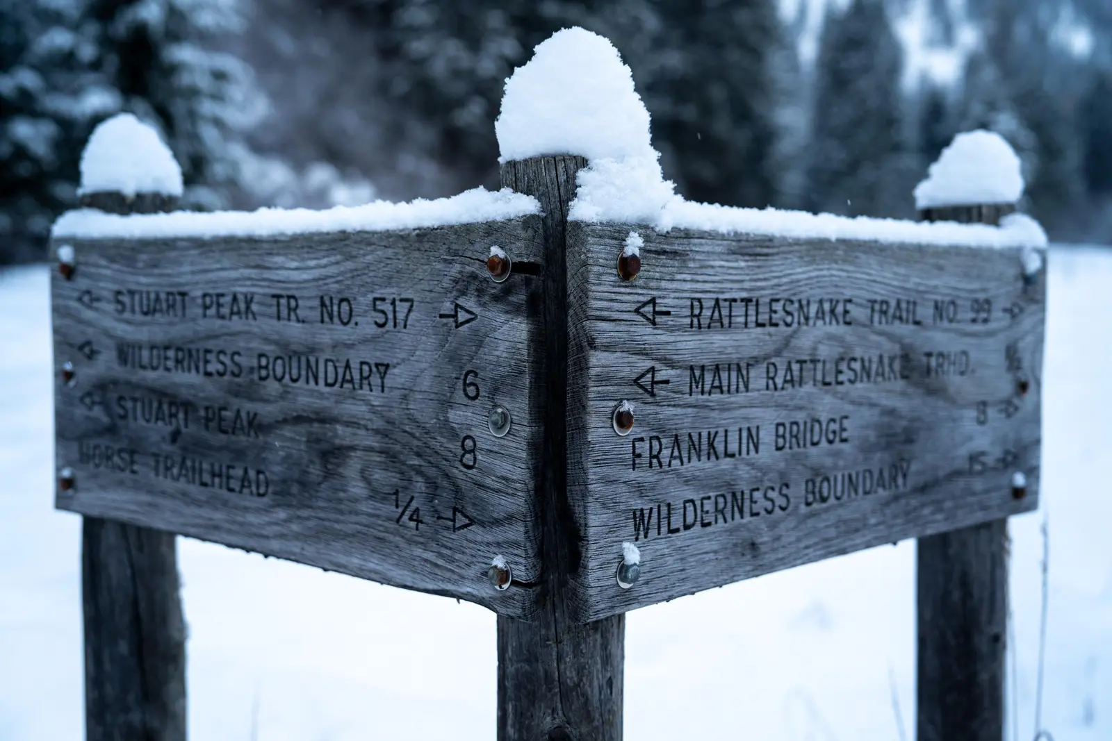 Image of the trail sign at the Rattlesnake National Recreation Area in the wintertime..