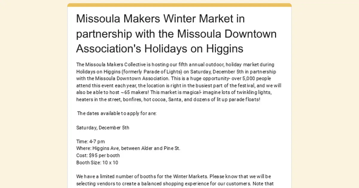 A flyer provides details about a holiday market event and booth applications.
