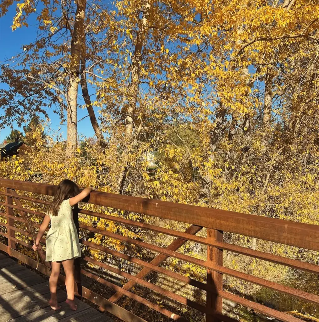 A young girl looks out at autumn trees while standing on a wooden bridge.