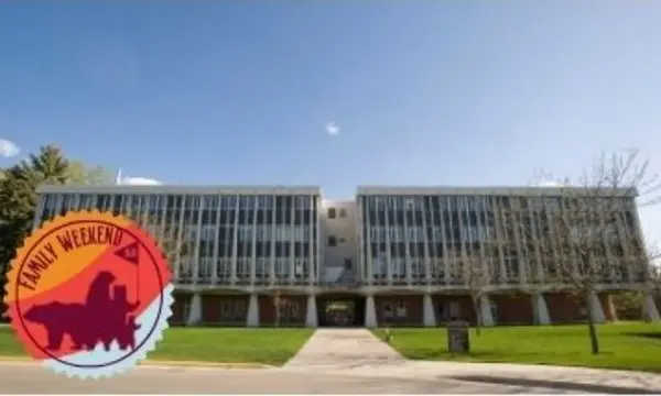 A multistory building is seen with a circular graphic overlay that reads "Family Weekend".