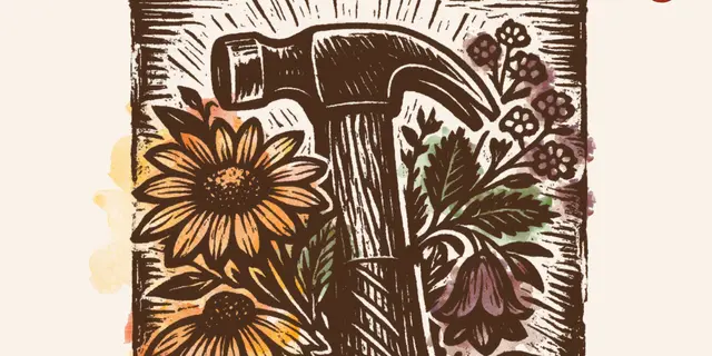 A linocut-style illustration of a hammer surrounded by flowers.