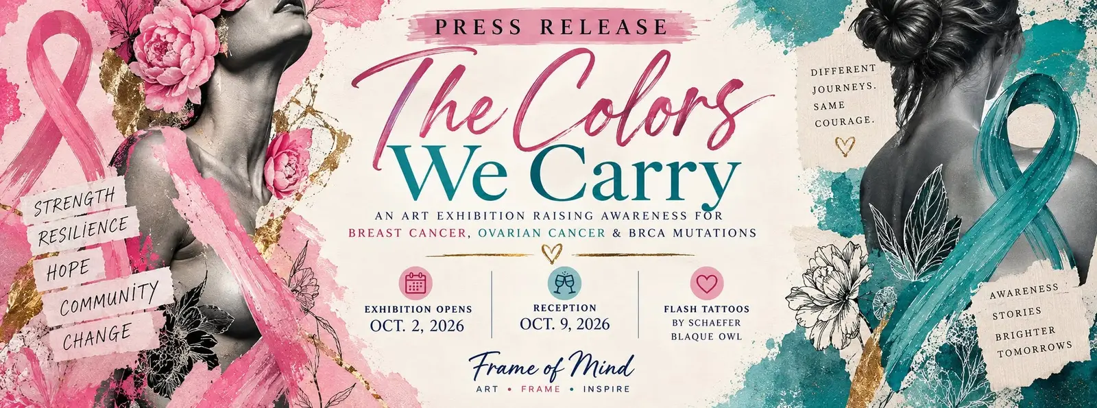 A promotional flyer announces an art exhibition focused on raising awareness for cancer.
