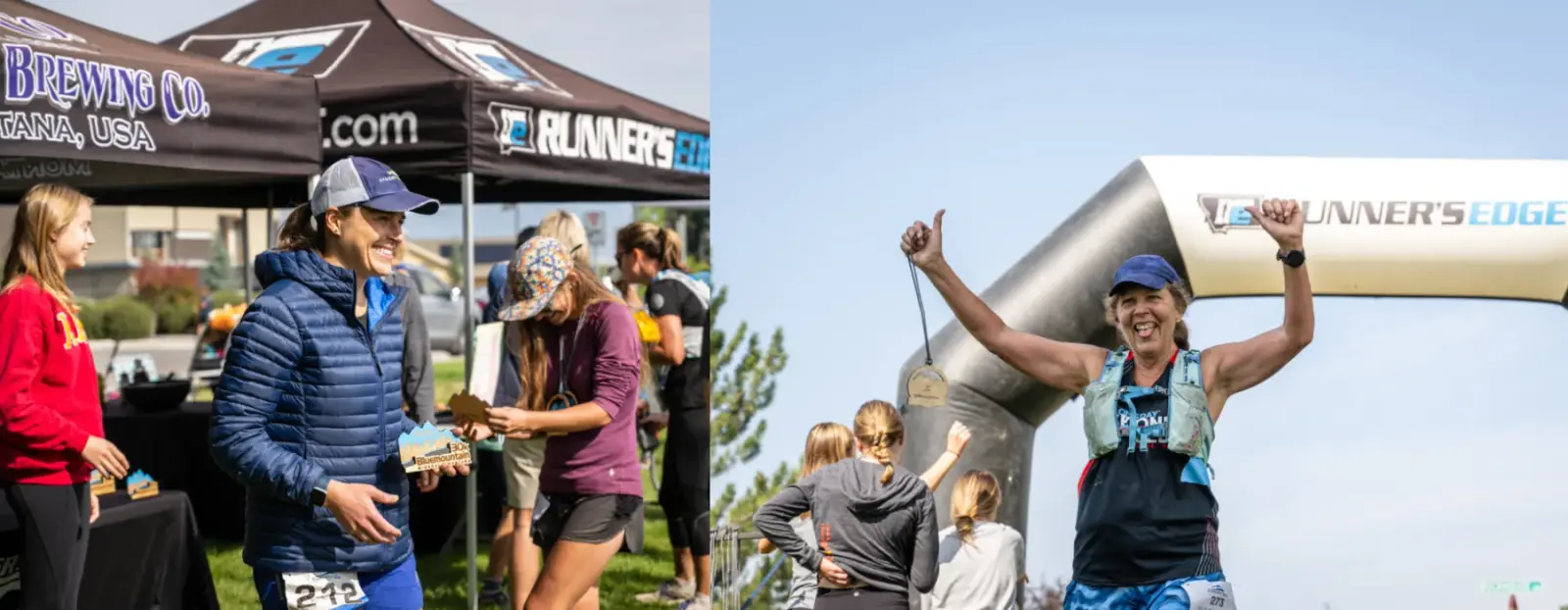 Runners celebrate and socialize near branded tents and an inflatable arch at an outdoor race event.
