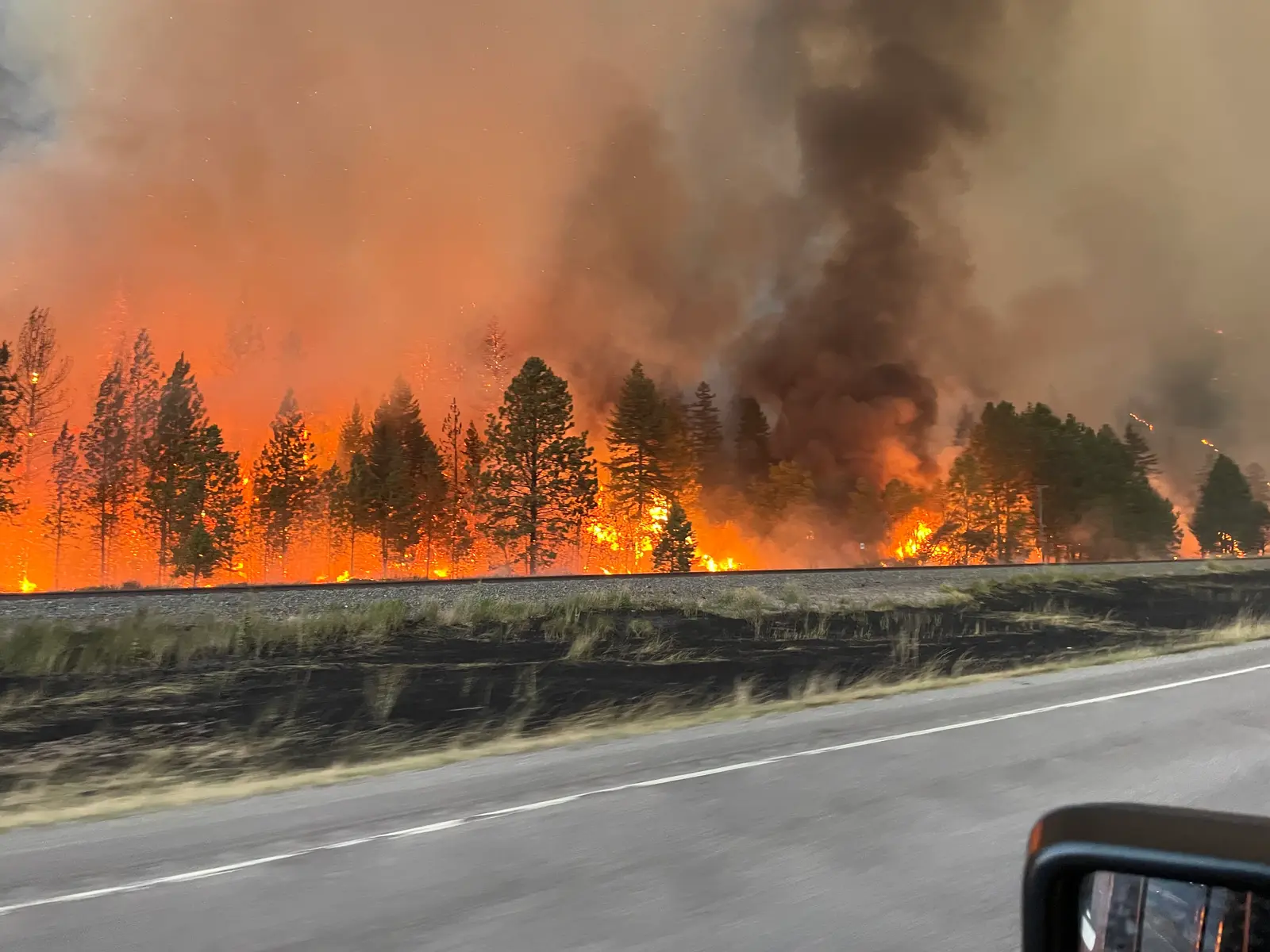 Fire near along the road