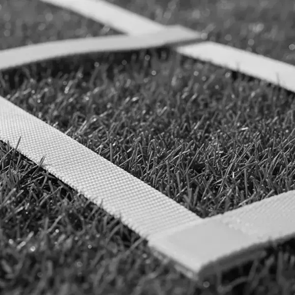 A close-up view shows white boundary lines on artificial grass.
