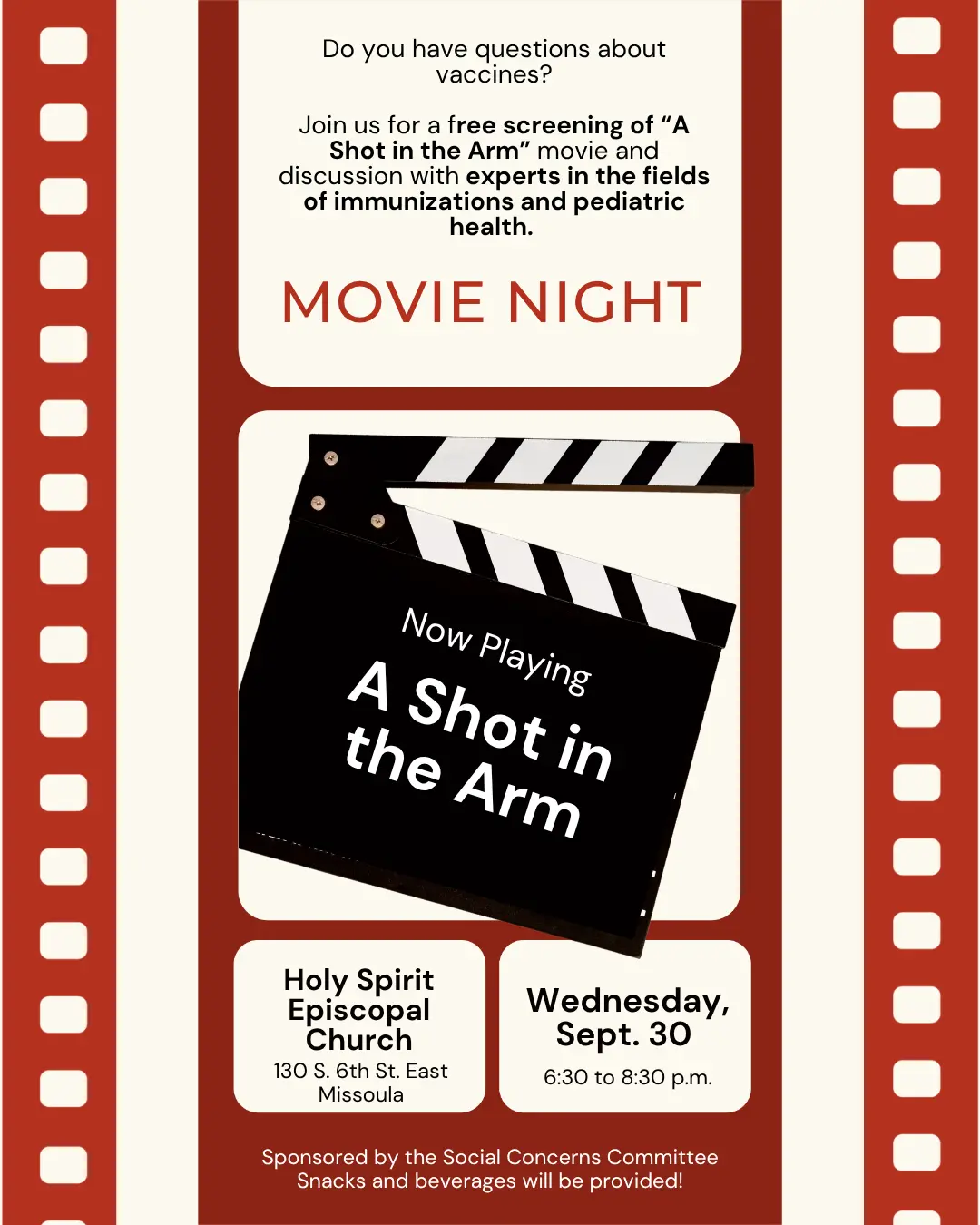 A flyer promotes a movie night screening and discussion about vaccines.