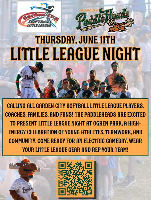 A flyer for Little League Night at a baseball park features the event details, team logos, and a group of players.
