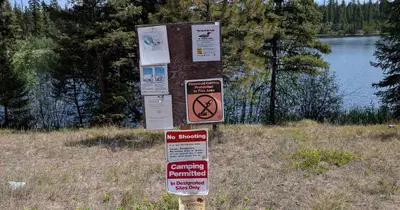 Photo from thedyrt.com A signpost stands in an outdoor area near a lake with various informational notices attached to it.