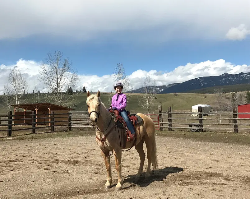 A child wearing a helmet sits on horseback in a dirt riding ring against a backdrop of mountains.