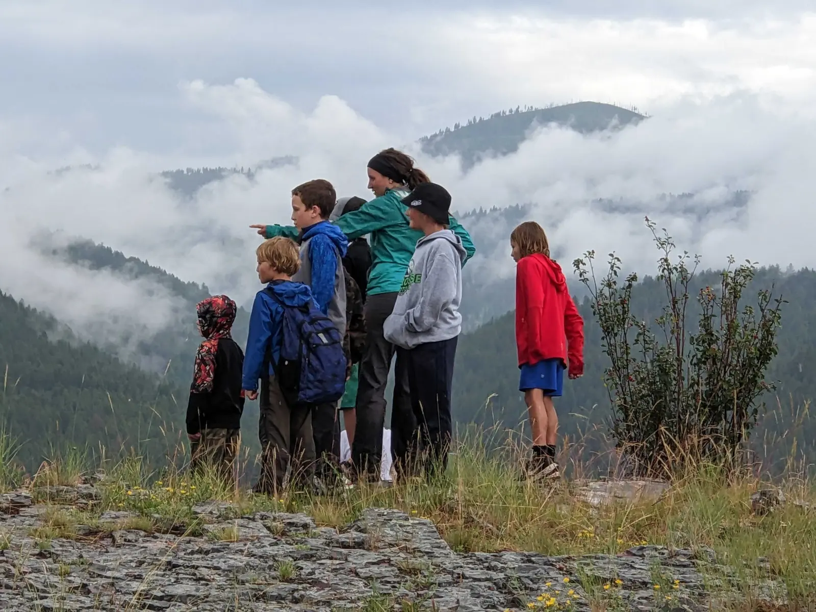 An adult leads a group of children who are looking out at a mountain range on a foggy day.