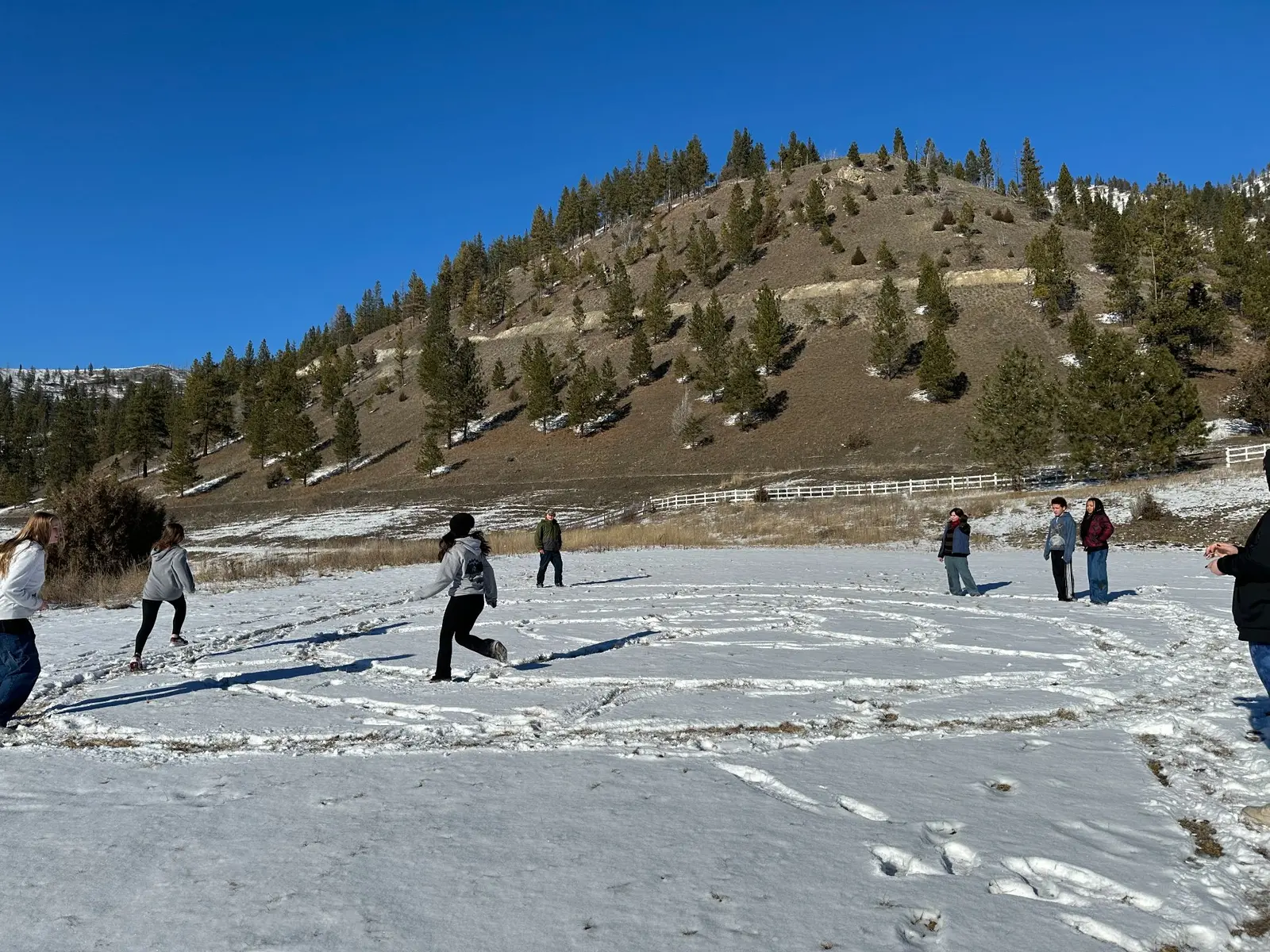 A group of young people play outdoors in a snowy field at the base of a hill.