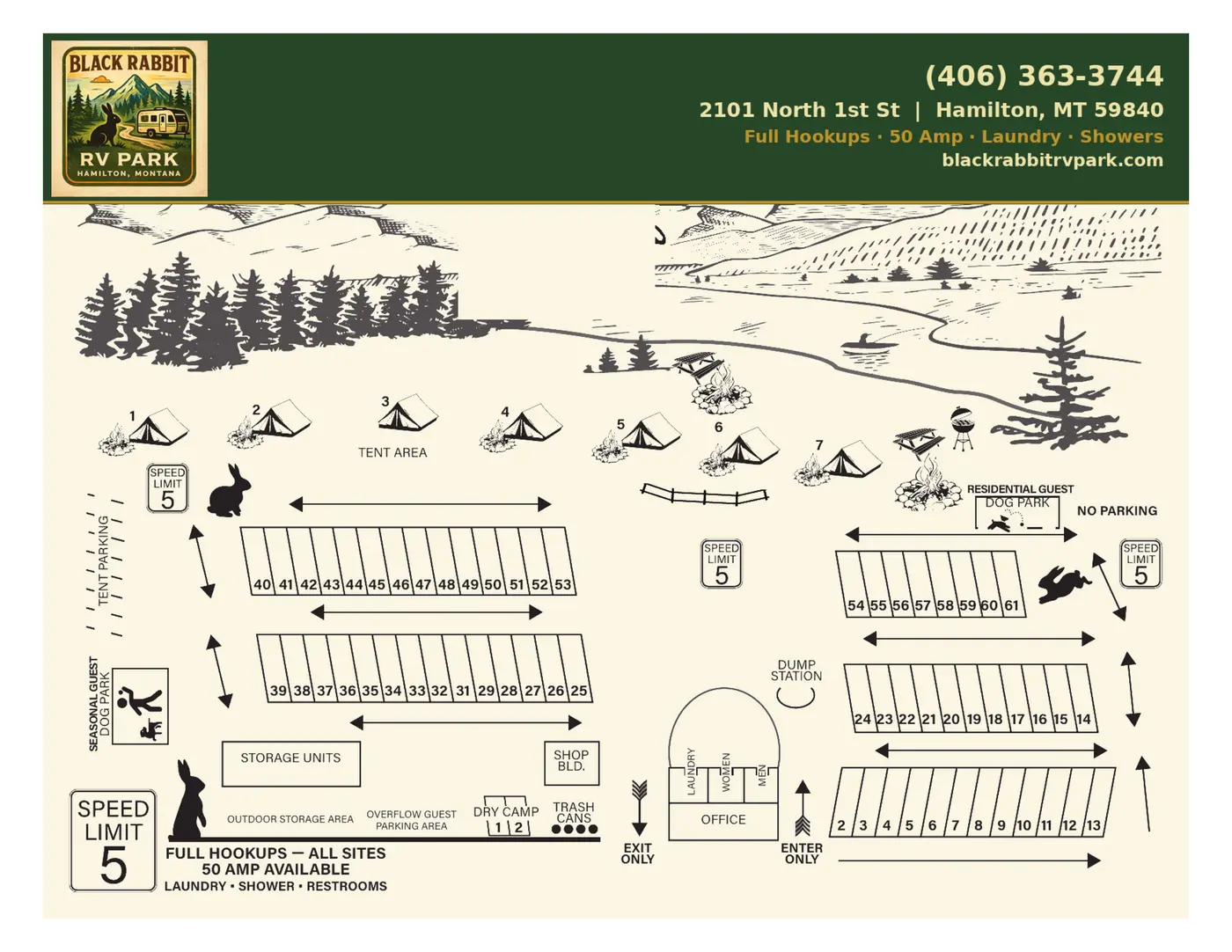A black and white poster for black rabbit rv park