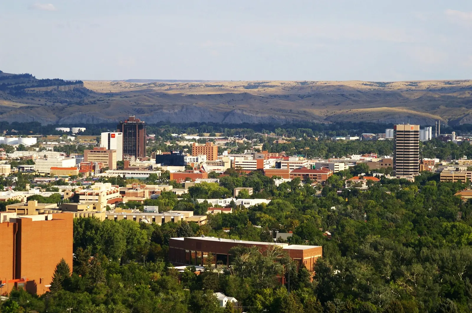 An elevated view of a cityscape surrounded by trees and distant rolling hills.