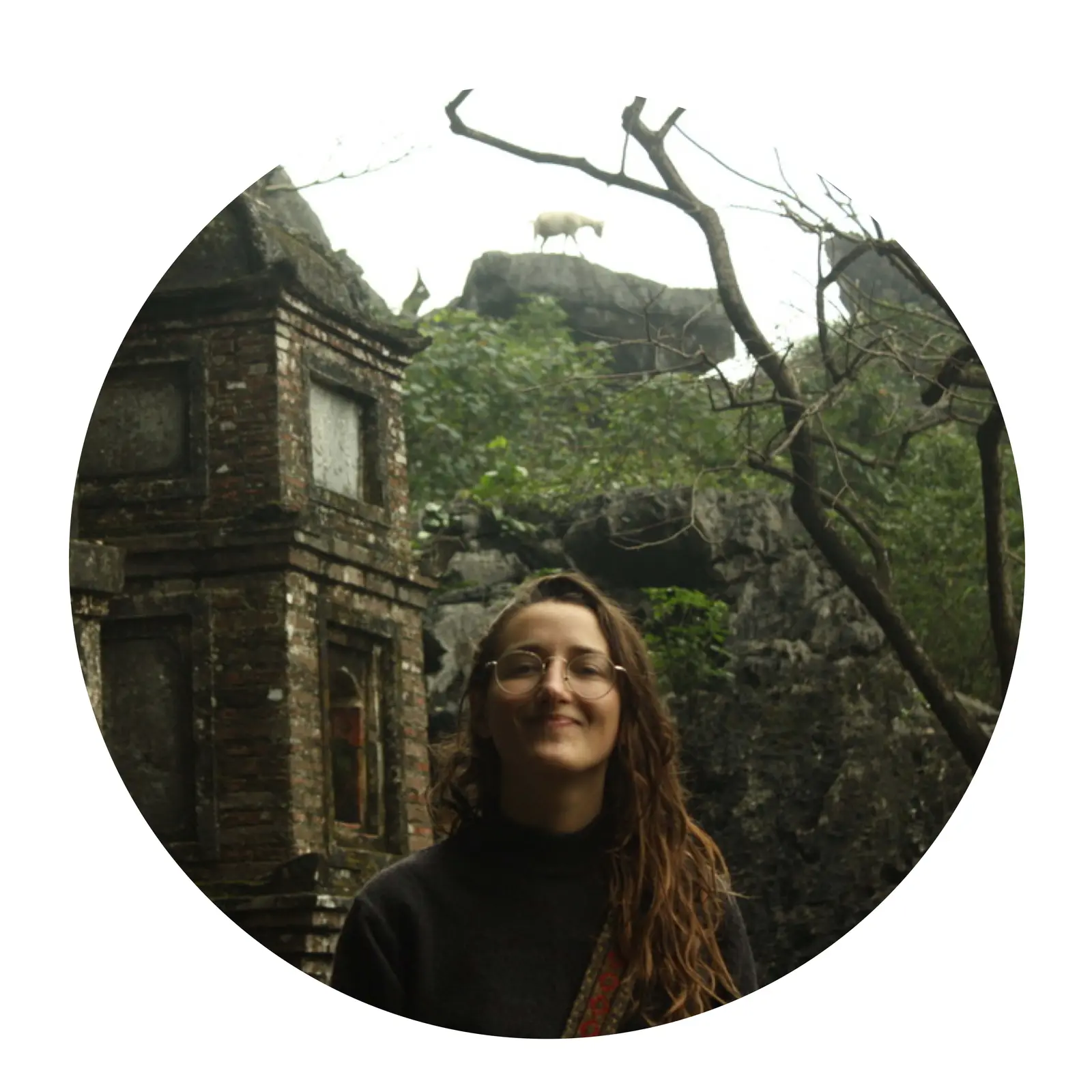 A woman stands in front of a brick structure with a small goat visible on a rock formation in the background.