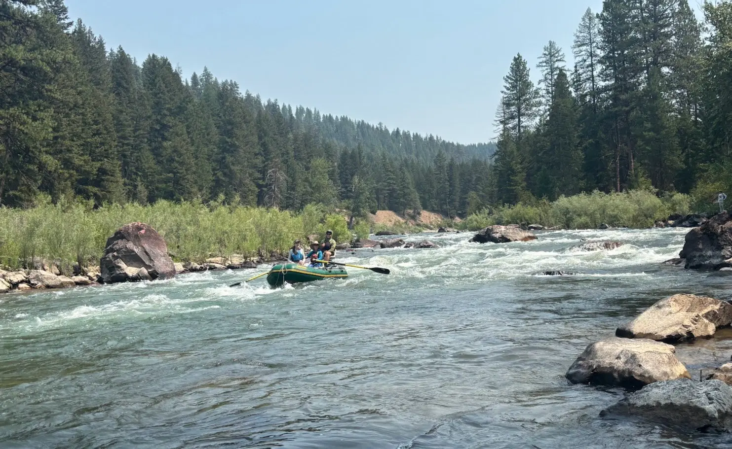 People in a raft are navigating through rapids on a river surrounded by trees.