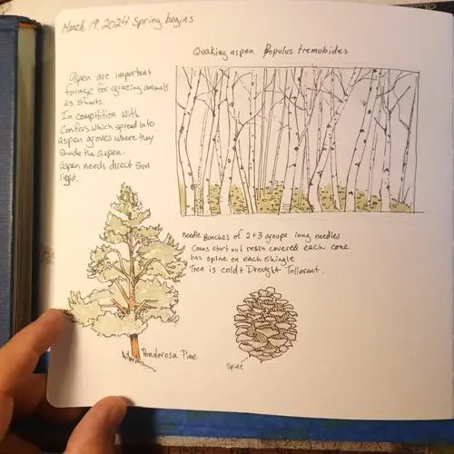 A page in a sketchbook featuring hand-drawn illustrations and notes about aspen trees and ponderosa pines.