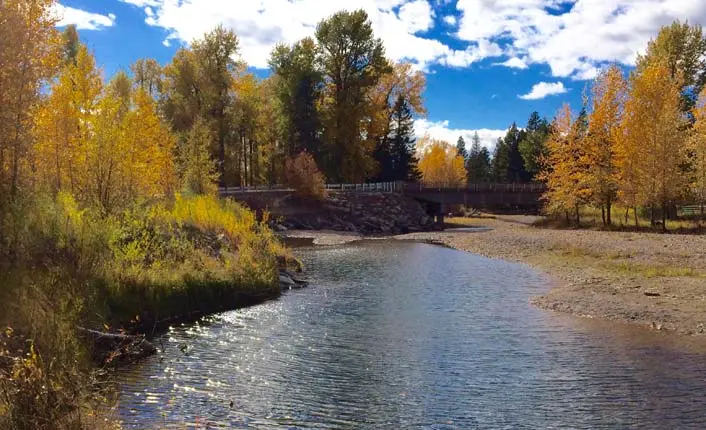 A small river flows through a landscape with autumn-colored trees and a bridge in the distance.