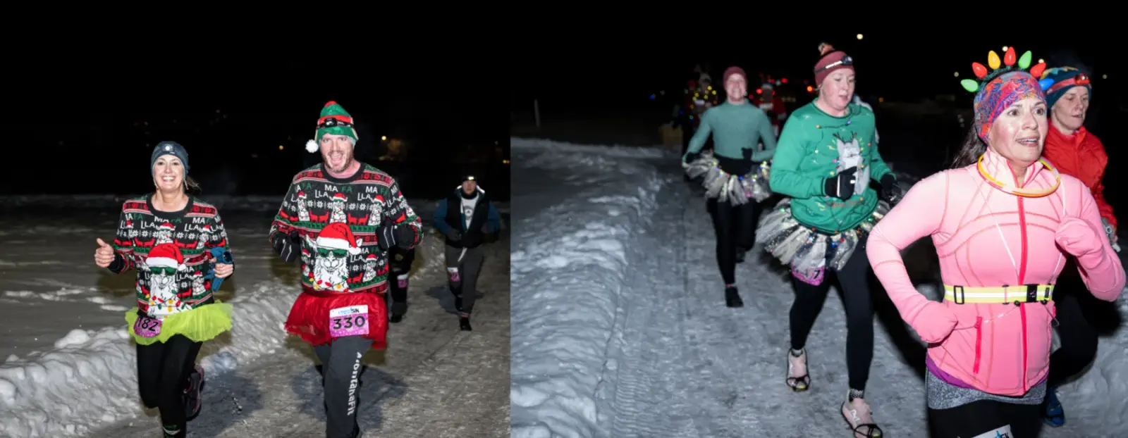 A group of people wearing festive holiday costumes run through a snowy path at night.