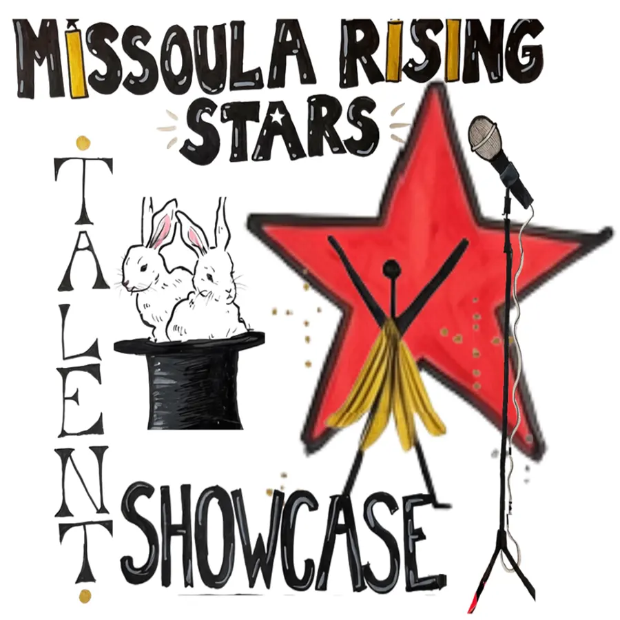 A hand-drawn graphic features a talent showcase title with a magician's hat, rabbits, a red star, and a microphone.