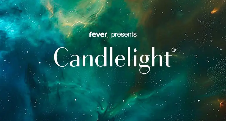 A graphic advertisement for a candlelight event featuring a starry, colorful nebula background.