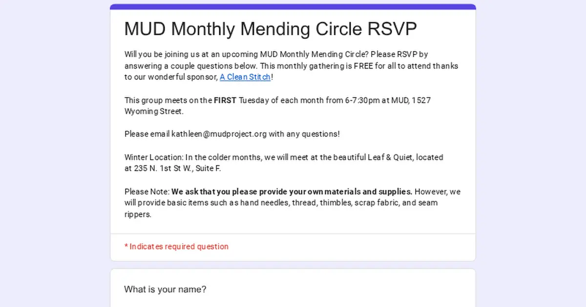A digital form provides details and an RSVP for a monthly mending event.