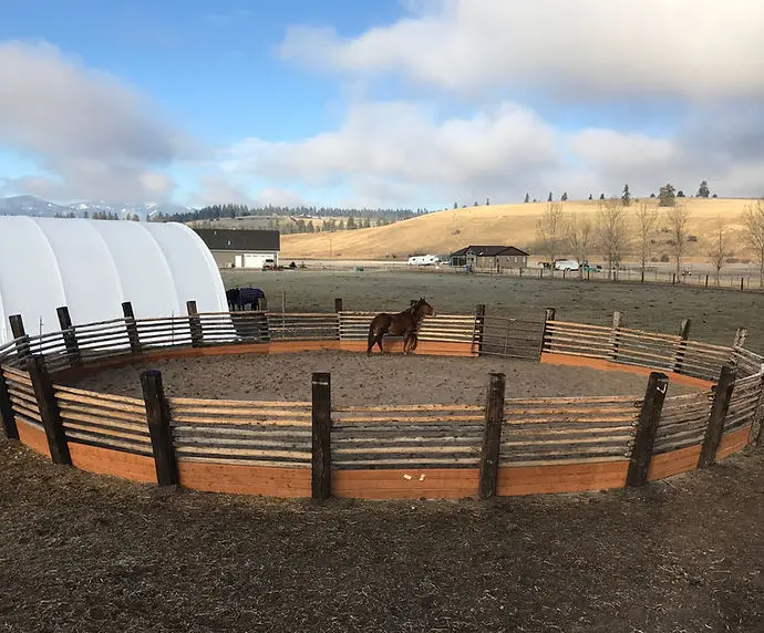 A lone horse stands inside a circular wooden pen in a rural field.