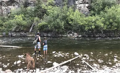 Photo from fvlt.org An adult and a child are fly fishing in a river with a dog standing on the rocky bank.