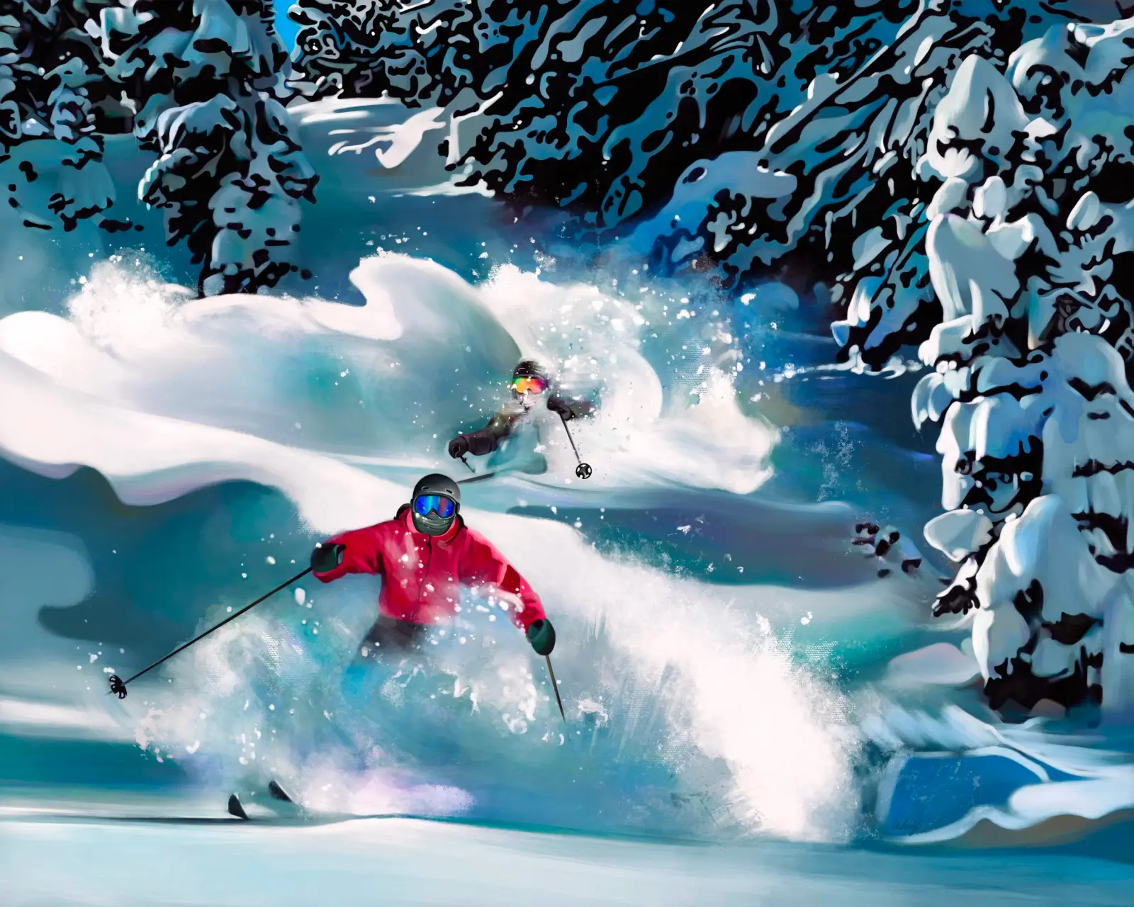 An artistic illustration depicts two skiers navigating deep powder through a snow-covered forest.
