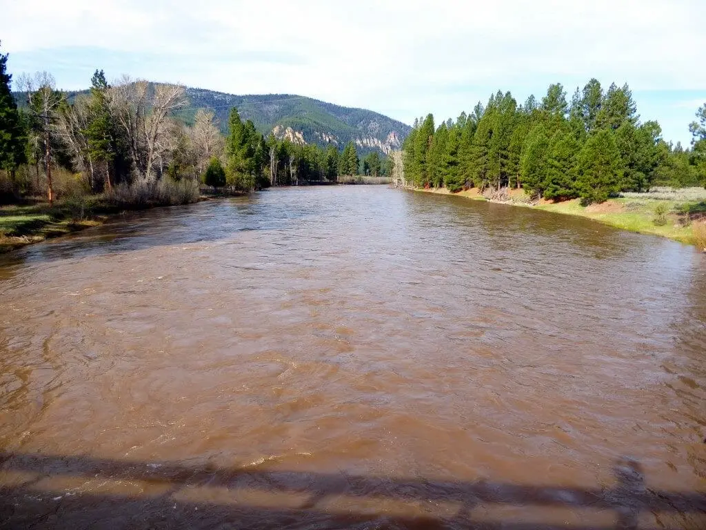 A wide, muddy river flows through a treed landscape with mountains in the background.