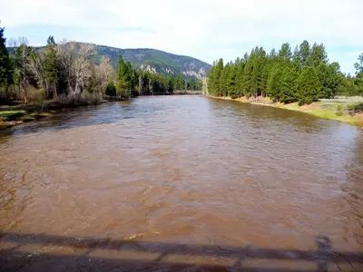 A wide, muddy river flows through a treed landscape with mountains in the background.