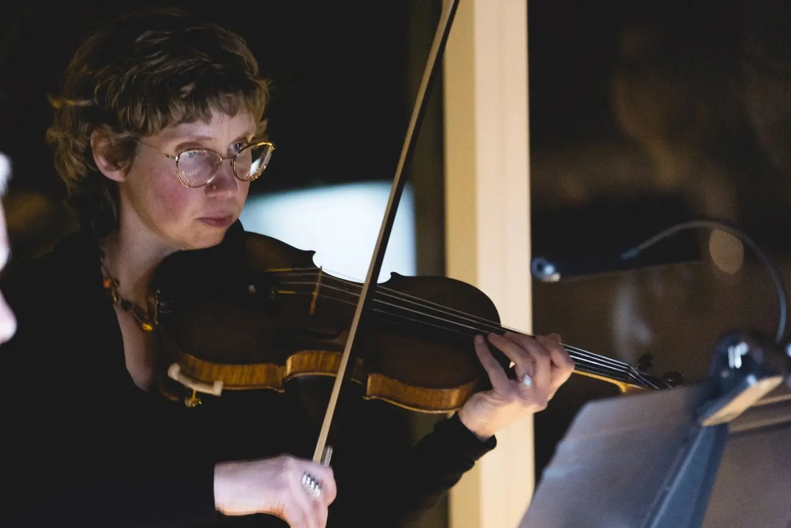 A woman plays the violin.