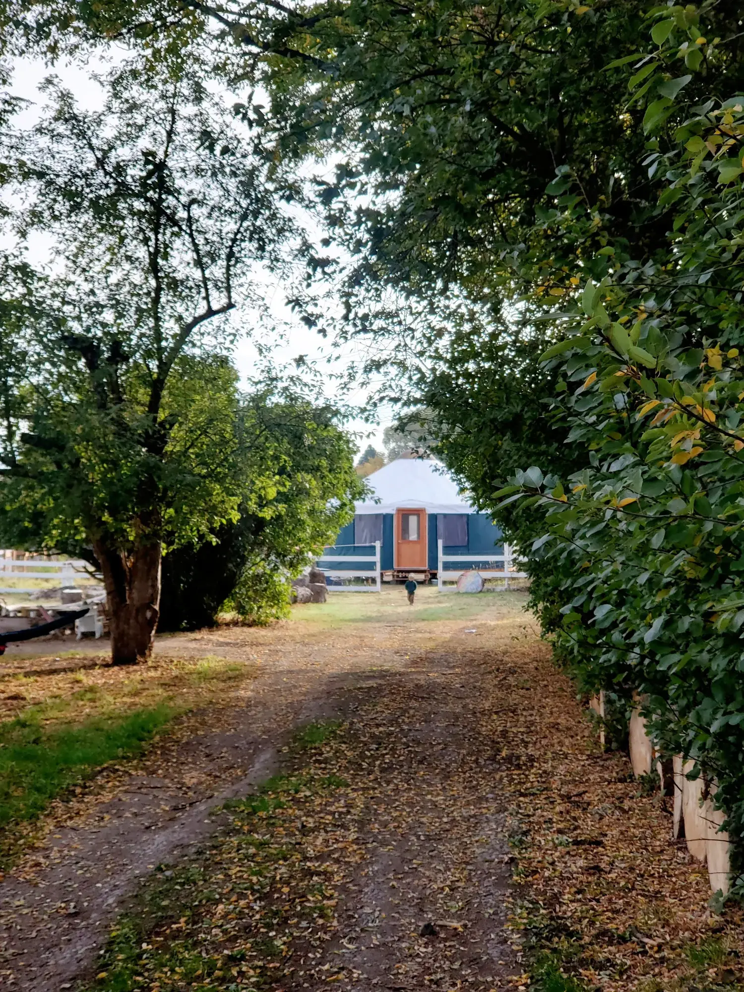 A dirt path leads towards a yurt structure where a small child is walking.
