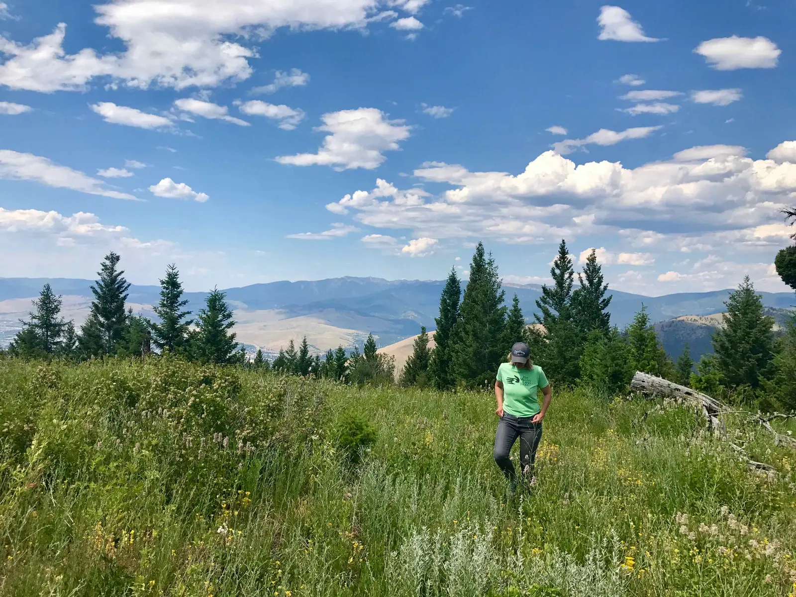 A woman hikes through a grassy meadow with mountain views in the background.