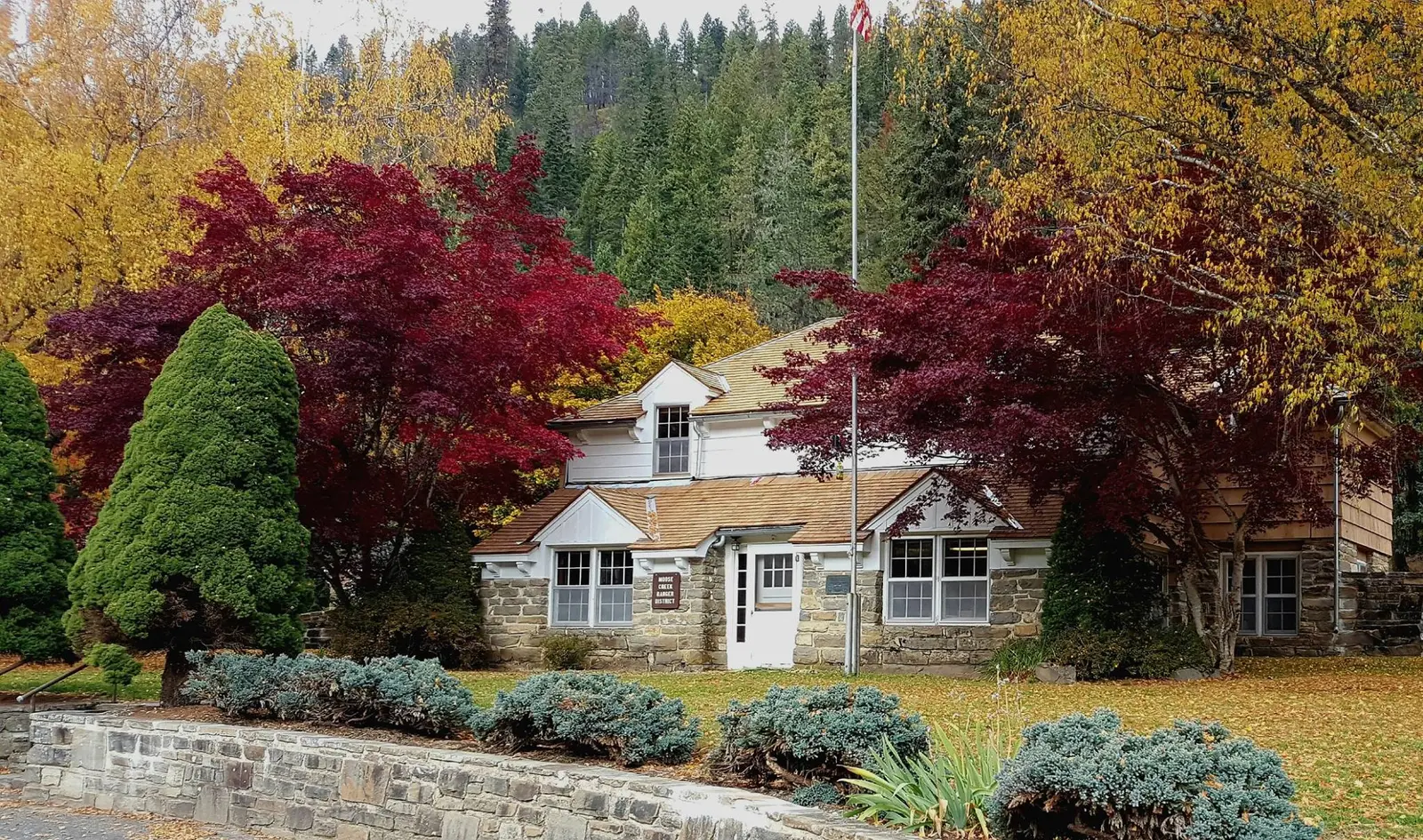 photo of a lovely building behind autumn trees