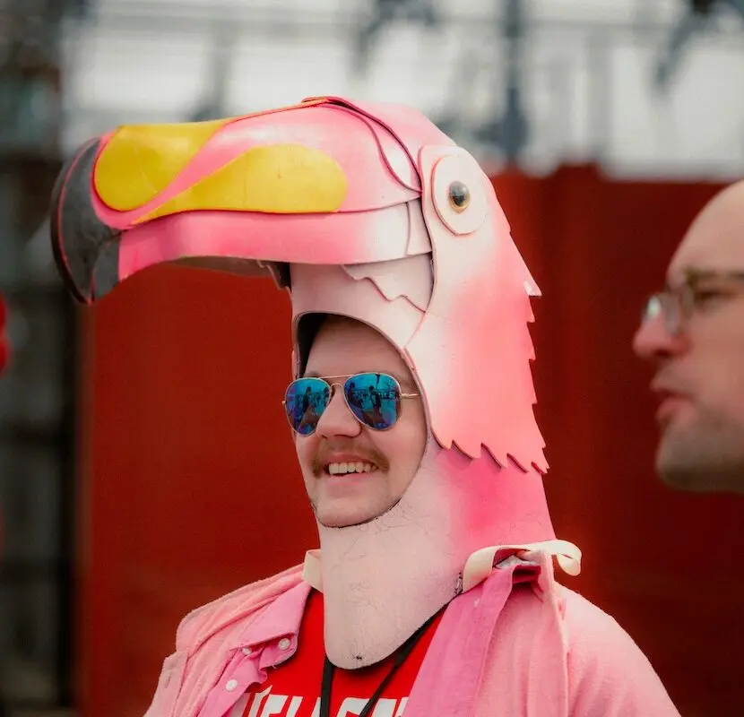 Person wearing a bird coustume.