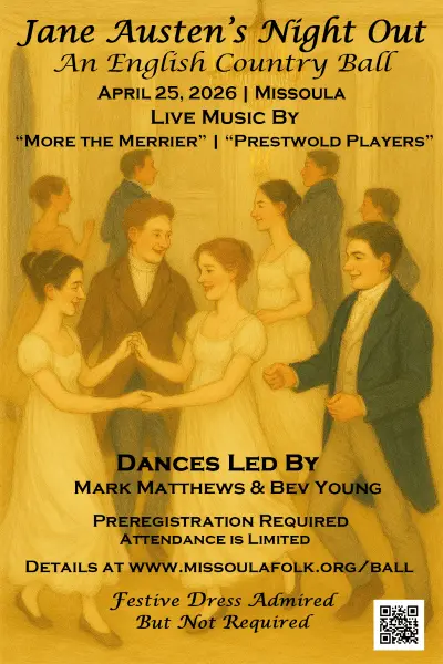 A flyer promotes an English country ball featuring live music and guided dancing.