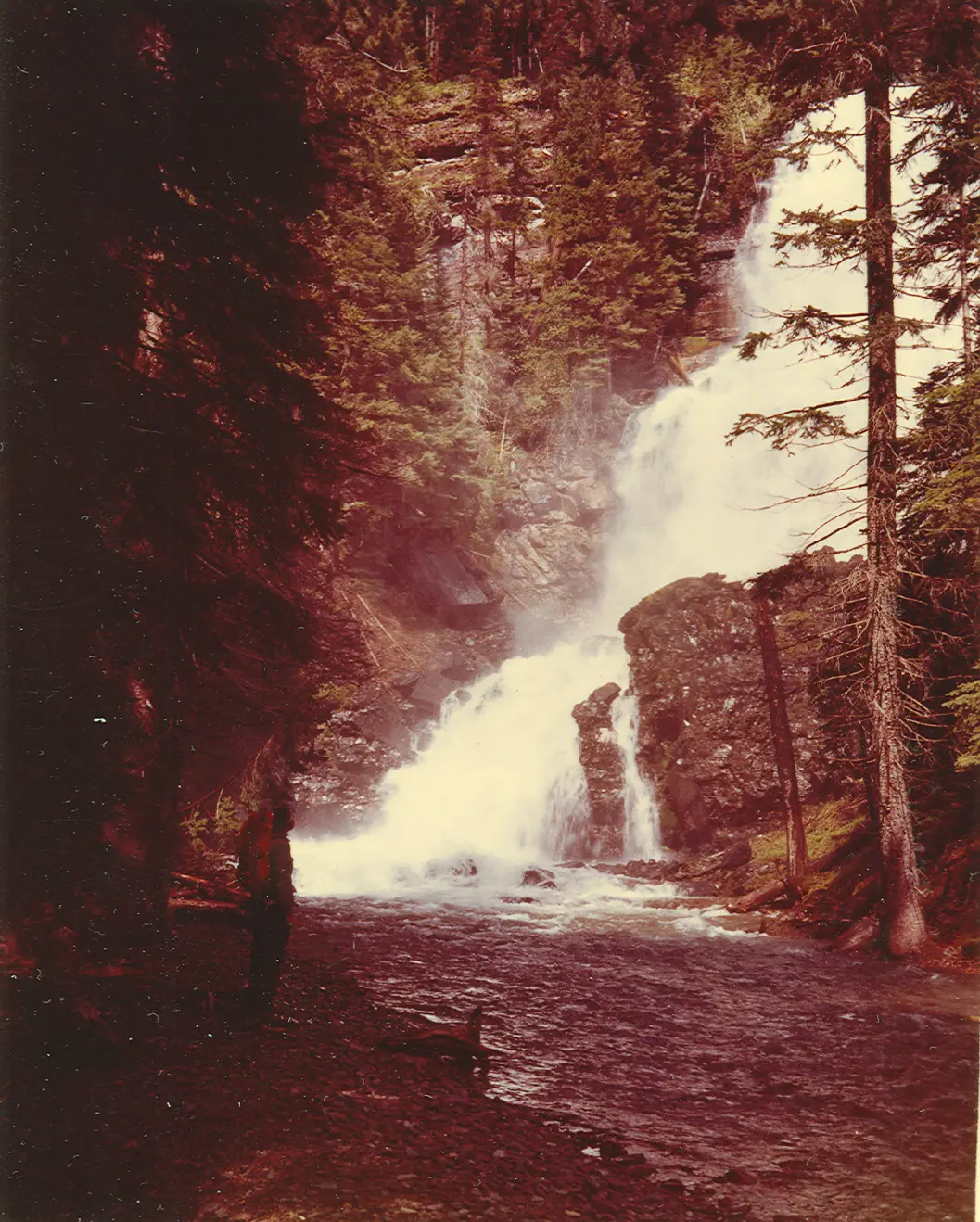 A lone person stands on the bank of a river in front of a tall waterfall in a forest.
