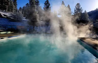 Steaming outdoor natural hot springs pool
