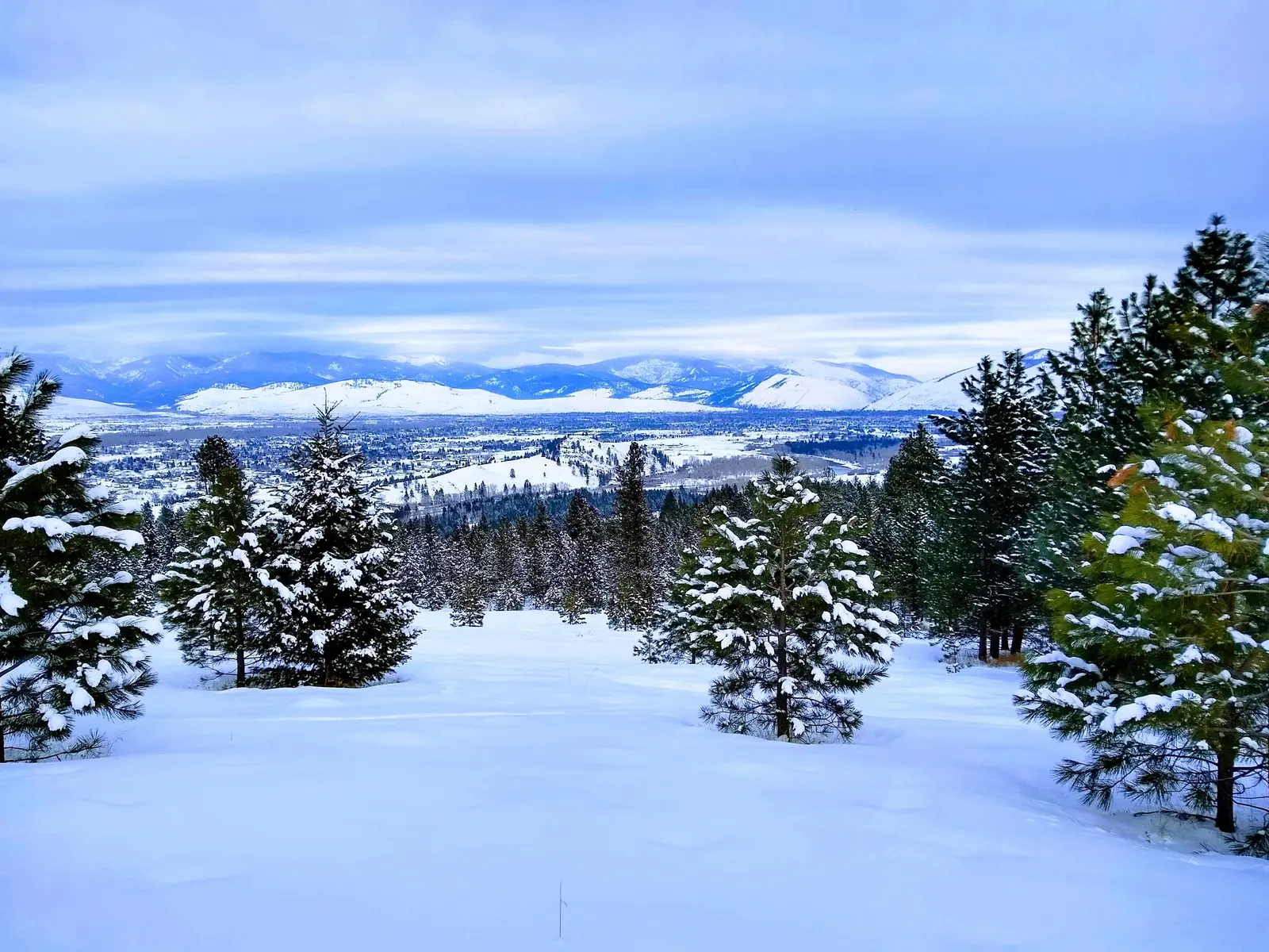A snow-covered landscape looks out over a valley toward distant mountains.
