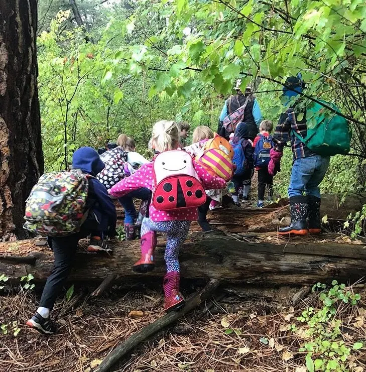 A group of children with backpacks climb over a fallen log in a forest.