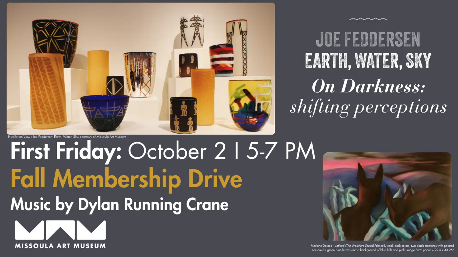 A promotional flyer for an art museum exhibition and membership event.