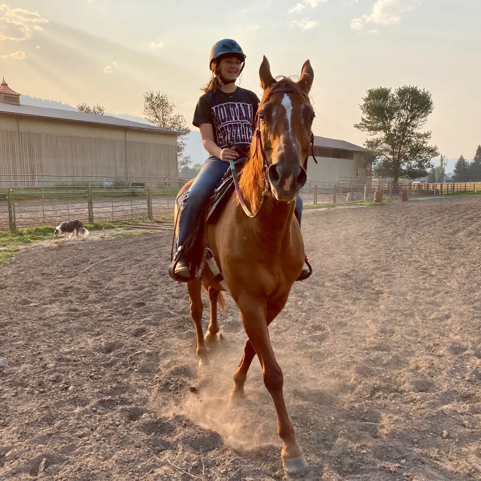 A young person rides a brown horse in an outdoor arena.