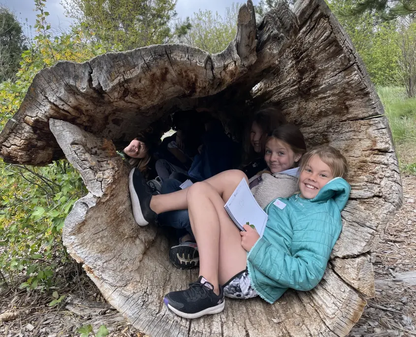 A group of children sit inside a large hollow log.
