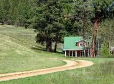 Photo from recreation.gov A house with a green roof sits in a grassy clearing with a dirt path leading to it.