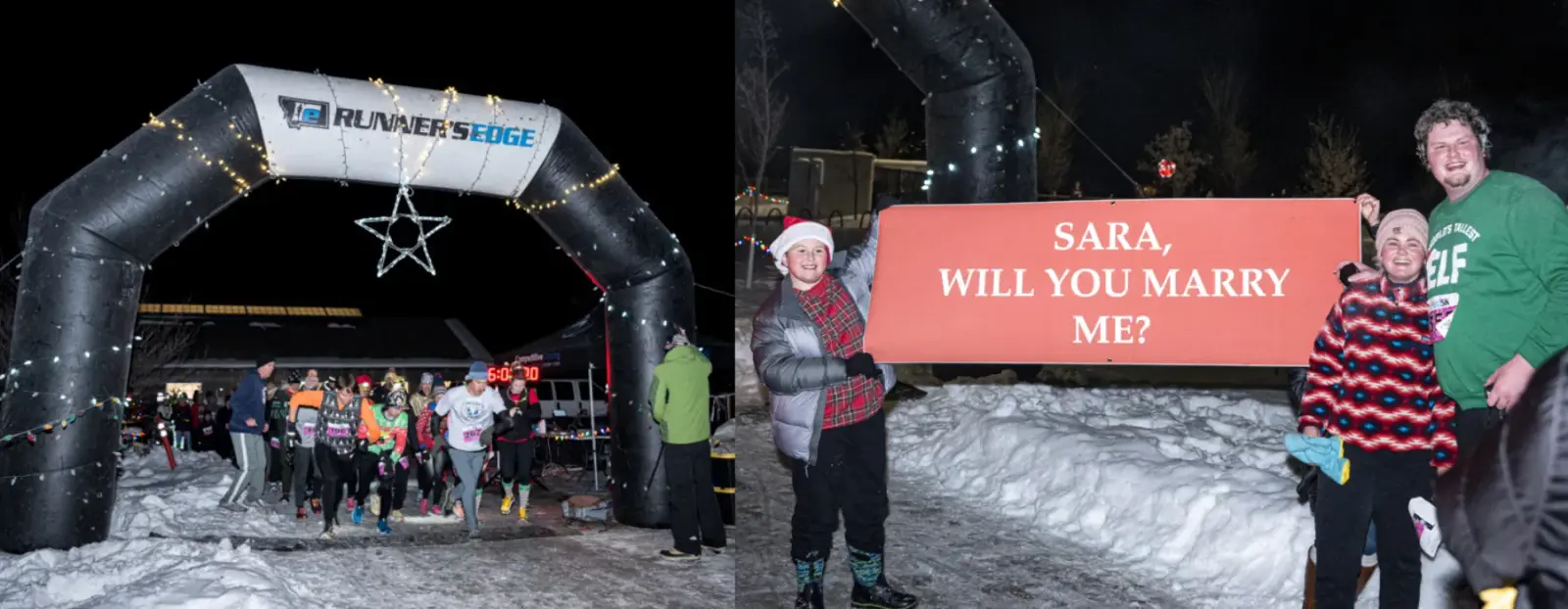 A marriage proposal sign is held up by people at a night time outdoor winter event.