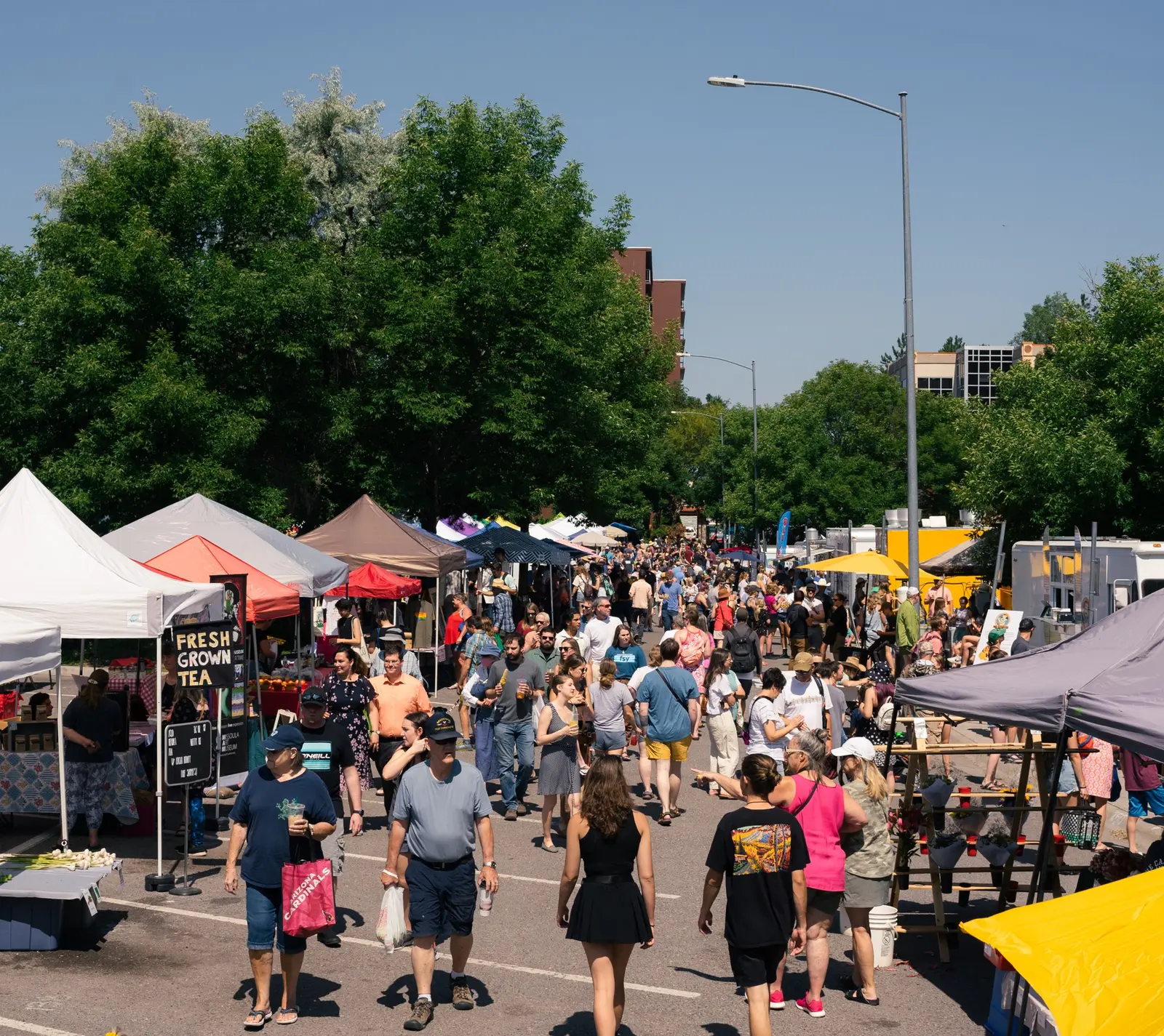 A busy street market features many vendor tents and a large crowd of people walking through.