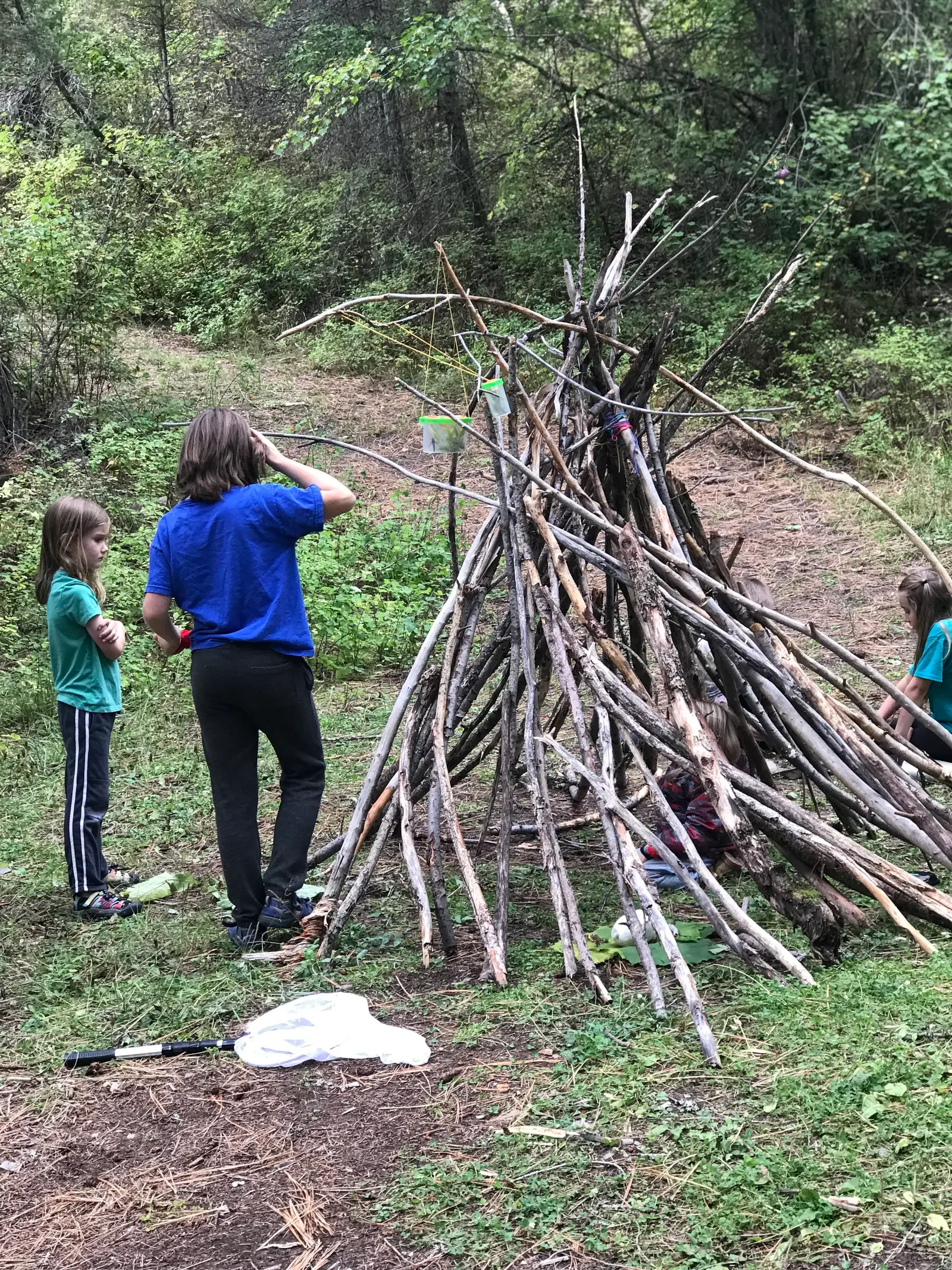 Children gather around a structure built of sticks in a forested area.
